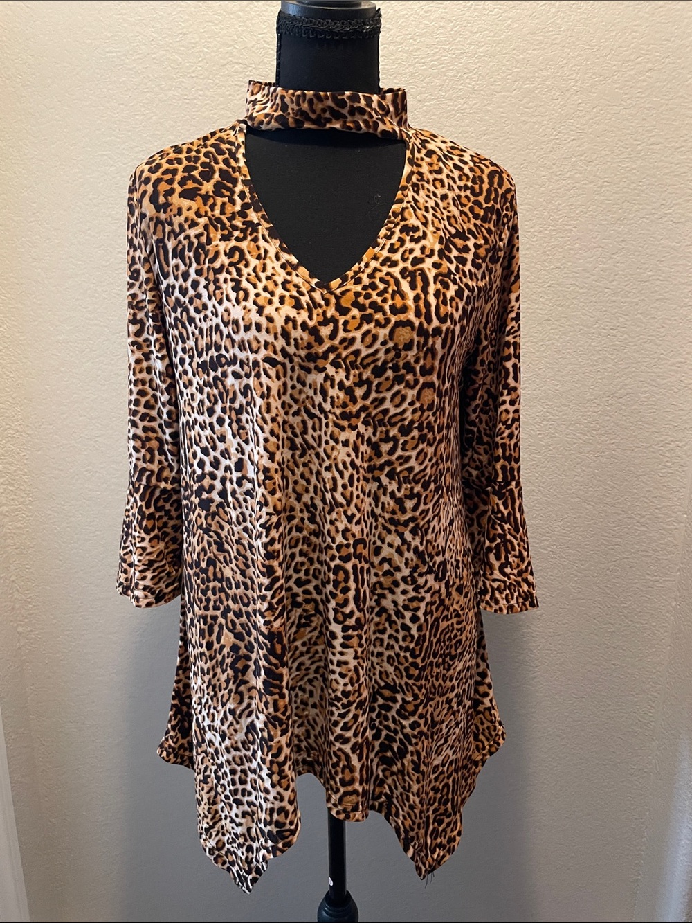 Leopard Print V-Neck Tunic with Choker in Brown